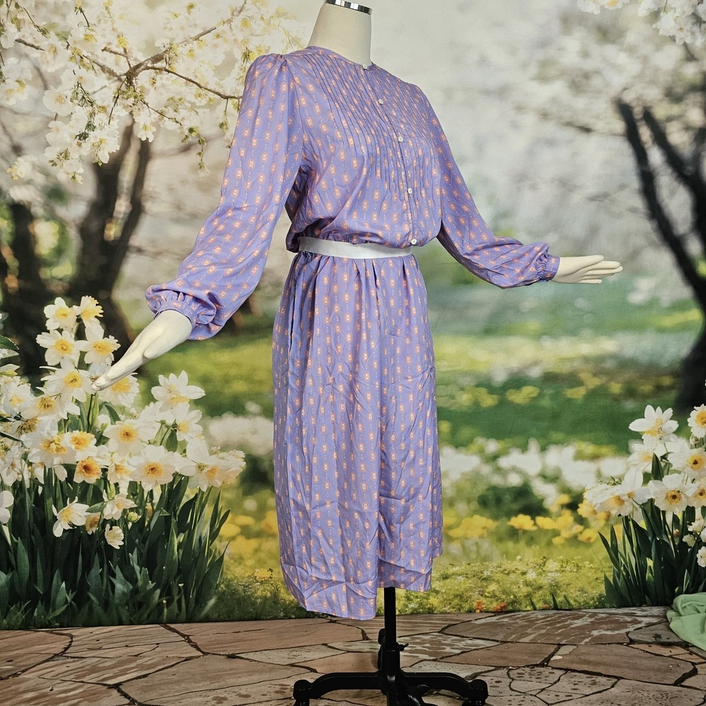 Vintage 1980's Dress Lilac Purple Print Long Sleeve Silky Retro Button Front‎ - Picture 5 of 12